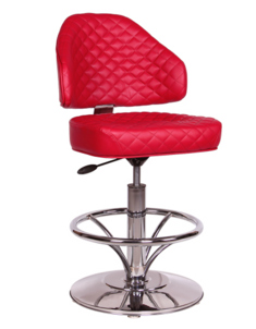 A red chair with a metal base and chrome frame.