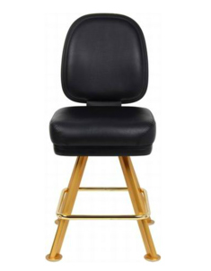 A black chair with wooden legs and gold trim.