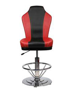 A red and black chair on a chrome base.