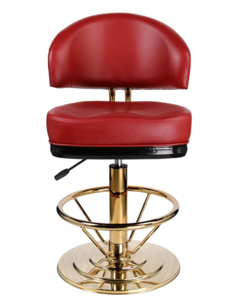 A red and gold bar stool with a black seat.