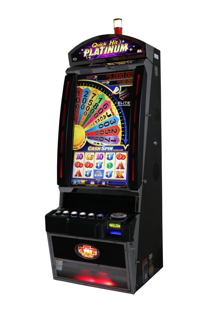 A slot machine that is very colorful and has many coins.