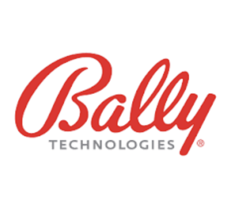 A red and white logo of bally technologies