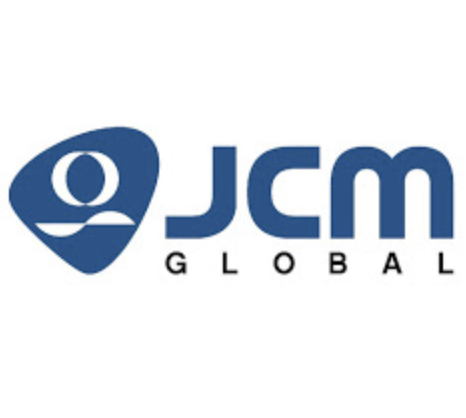 A blue and white logo of jcm global