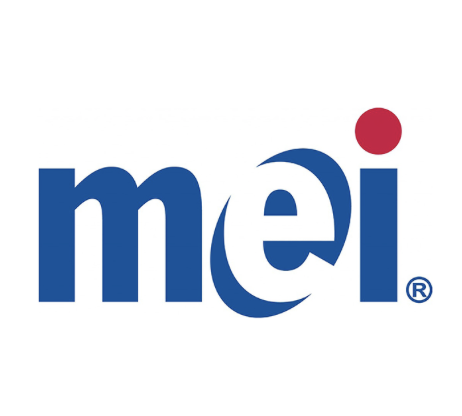 A blue and white logo of mei