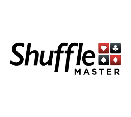 A black and white logo of the company shuffle master.