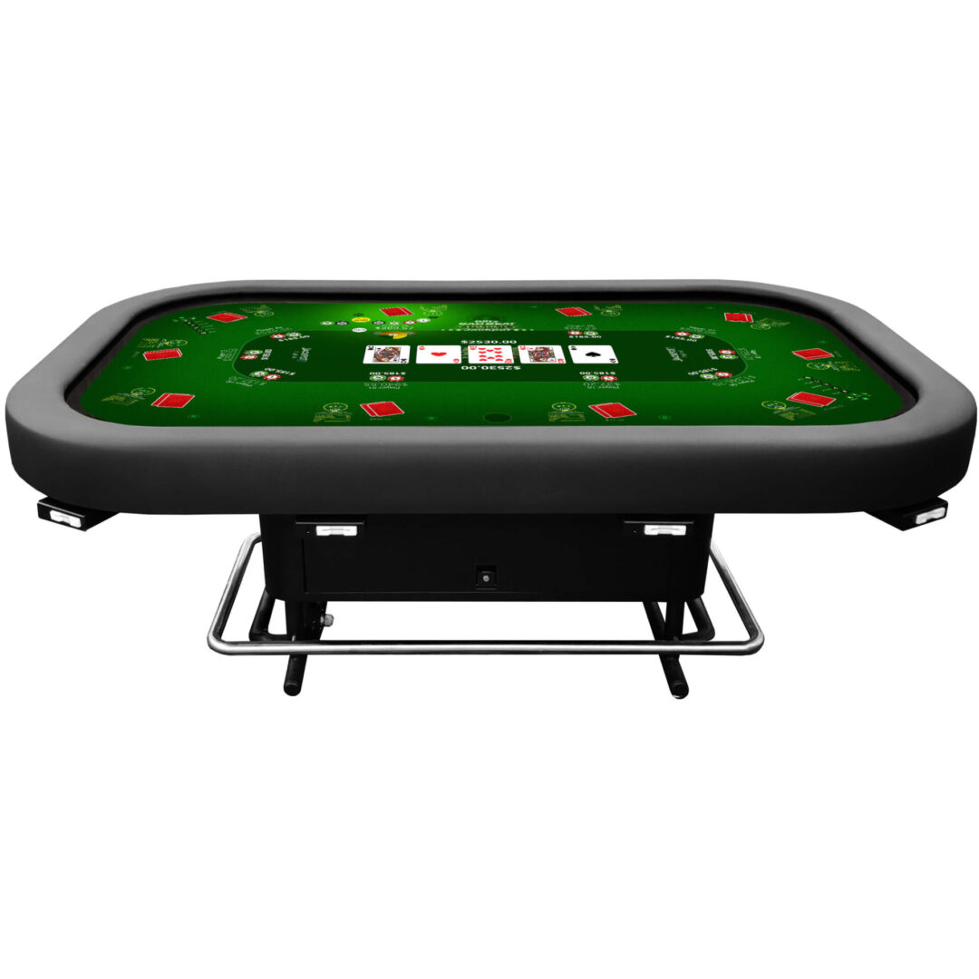 A table with a green surface and black frame
