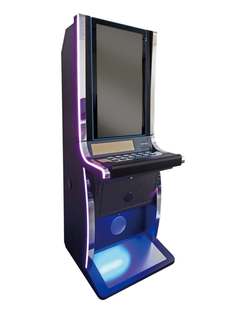 A gaming machine with a blue light on it.